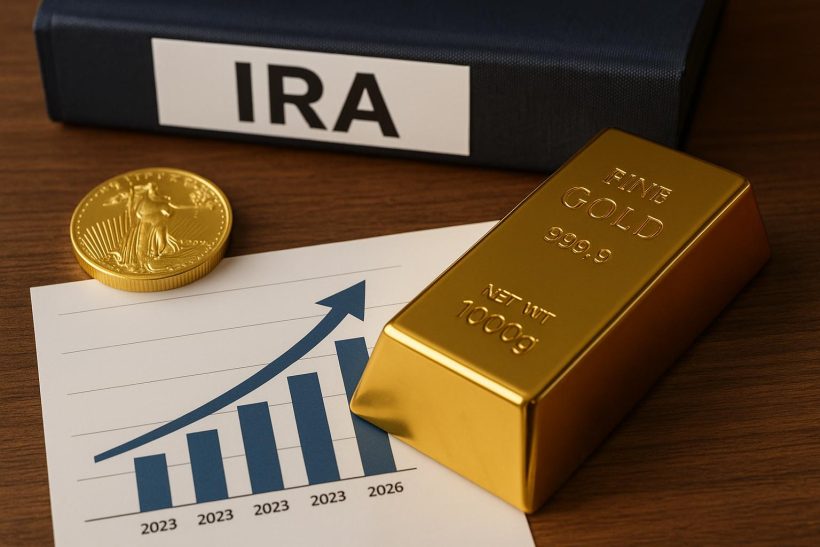 Gold bars and coins stacked beside a 401(k) document representing precious metals IRA options