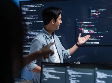 AI product development concept with digital interface and business strategy icons