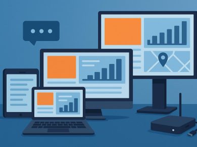 Digital signage software dashboard with multiple screens displaying real-time content management