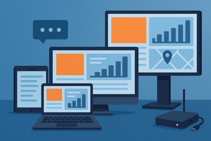 Digital signage software dashboard with multiple screens displaying real-time content management