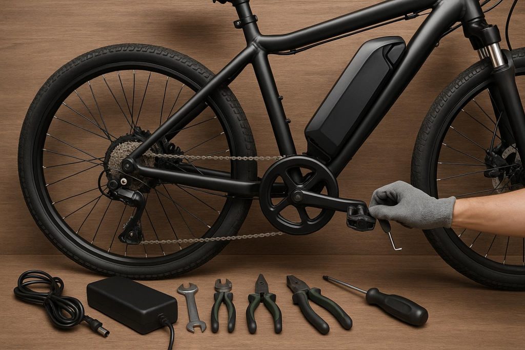 Electric cycle being cleaned and serviced outdoors, showcasing essential maintenance steps