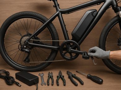 Electric cycle being cleaned and serviced outdoors, showcasing essential maintenance steps
