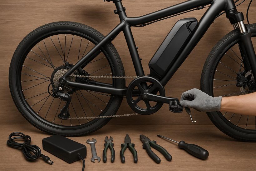 Electric cycle being cleaned and serviced outdoors, showcasing essential maintenance steps