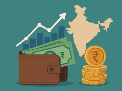 Indian currency, investment charts, and globe illustrating NRI wealth-building from abroad
