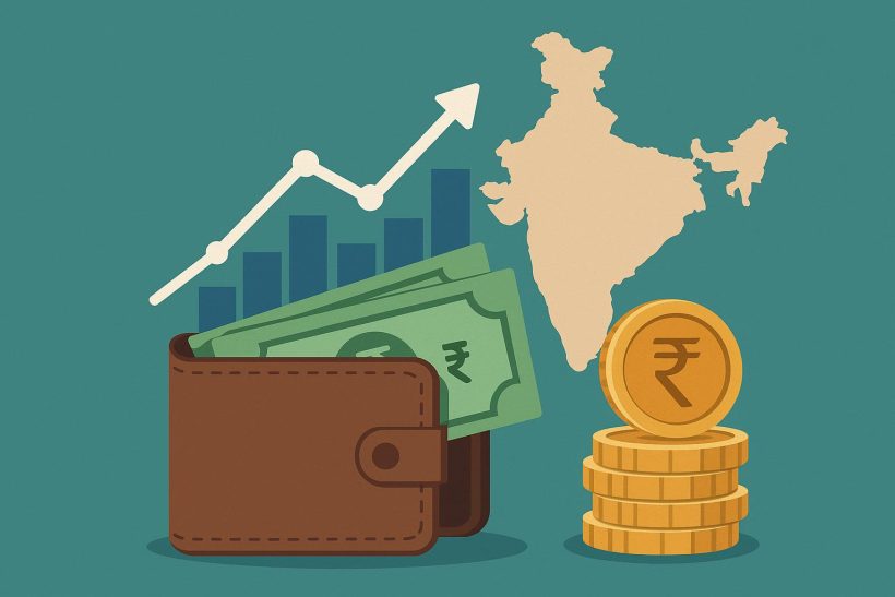 Indian currency, investment charts, and globe illustrating NRI wealth-building from abroad