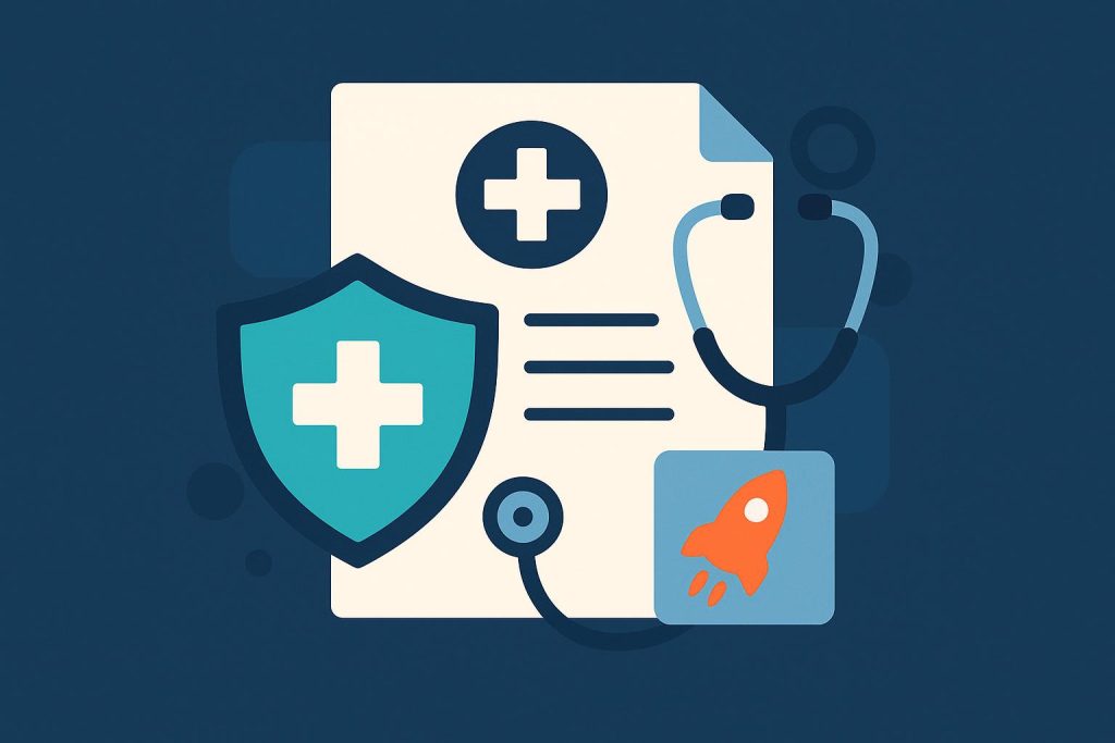 Group medical insurance policy documents and stethoscope representing startup healthcare coverage