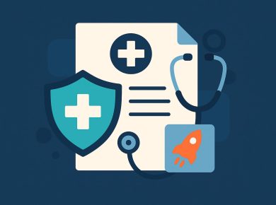 Group medical insurance policy documents and stethoscope representing startup healthcare coverage
