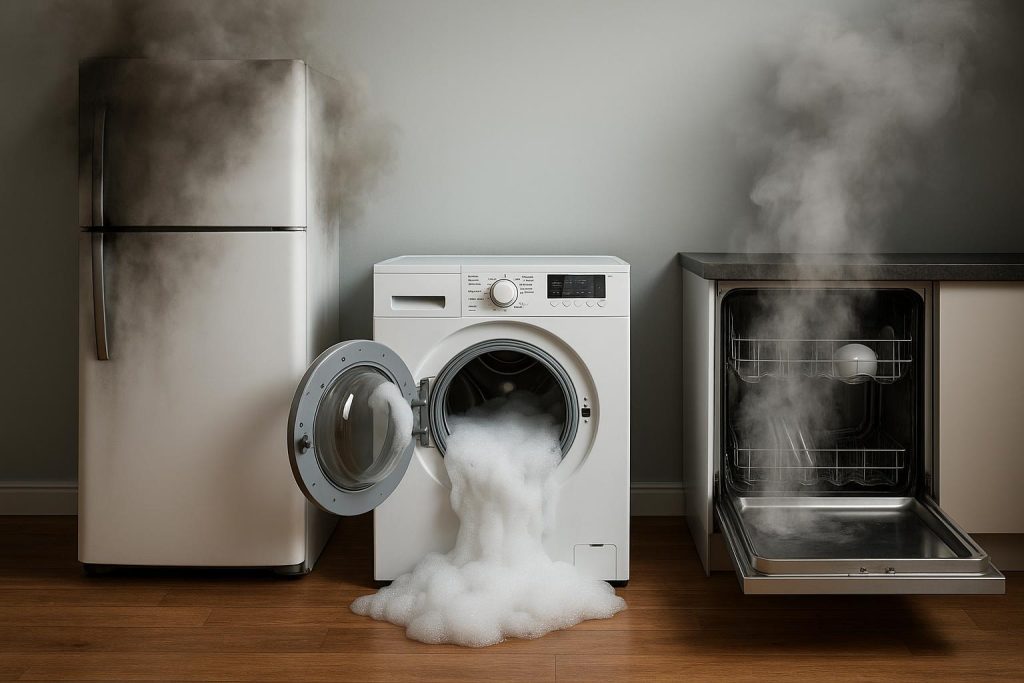Broken washing machine and refrigerator in a Sarasota home, illustrating appliance failure costs