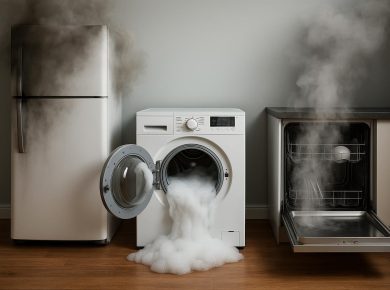 Broken washing machine and refrigerator in a Sarasota home, illustrating appliance failure costs