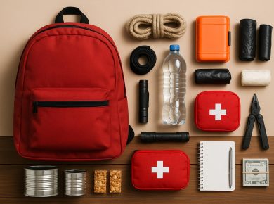 Emergency go-bag packed with essentials like flashlight, water, first aid kit, and documents
