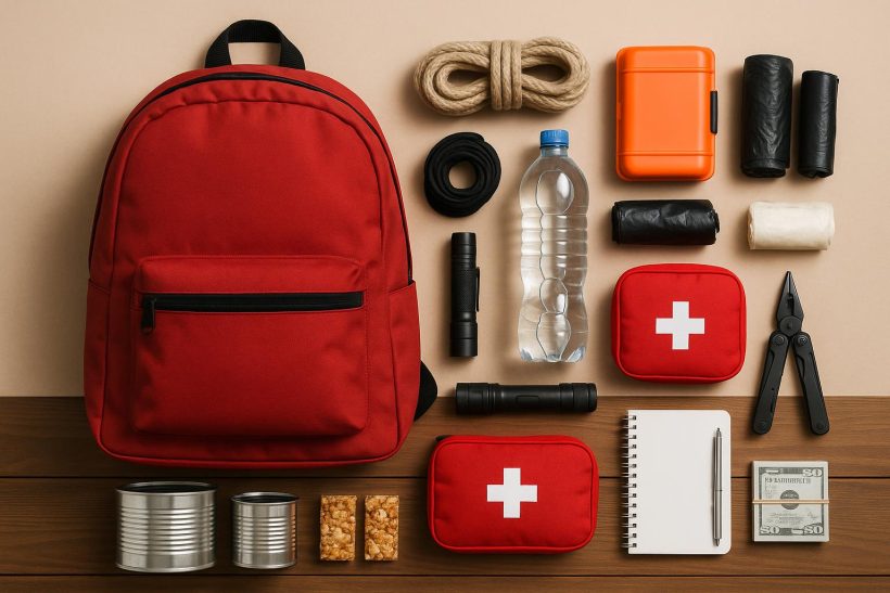 Emergency go-bag packed with essentials like flashlight, water, first aid kit, and documents