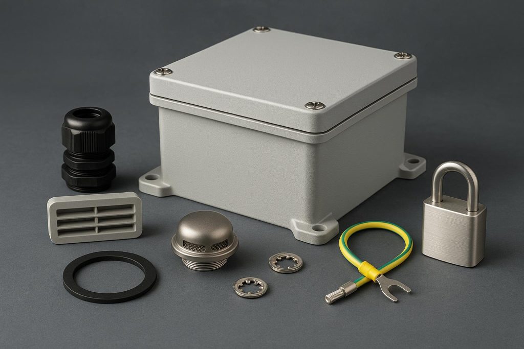 Submersible enclosure with waterproof seals, pressure sensors, and cable glands for equipment protection