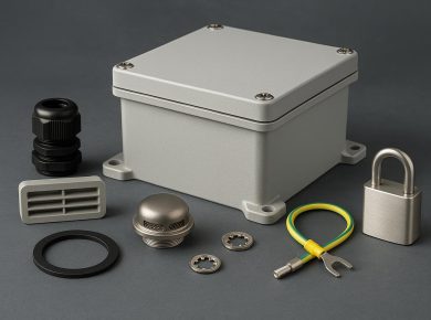 Submersible enclosure with waterproof seals, pressure sensors, and cable glands for equipment protection