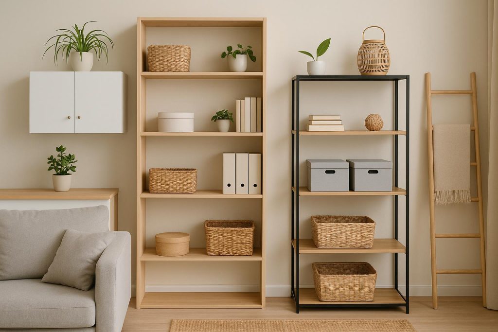 Modern condo living room featuring vertical shelves and smart storage solutions for small spaces