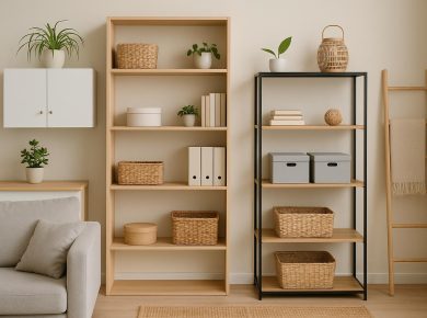 Modern condo living room featuring vertical shelves and smart storage solutions for small spaces