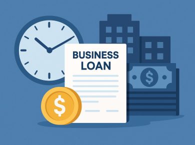 Business loan application process timeline with clock, documents, and approval symbols