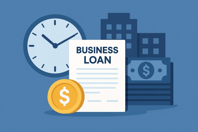 Business loan application process timeline with clock, documents, and approval symbols