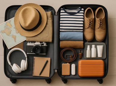 Suitcase neatly packed with clothes, travel essentials, and accessories for a long trip