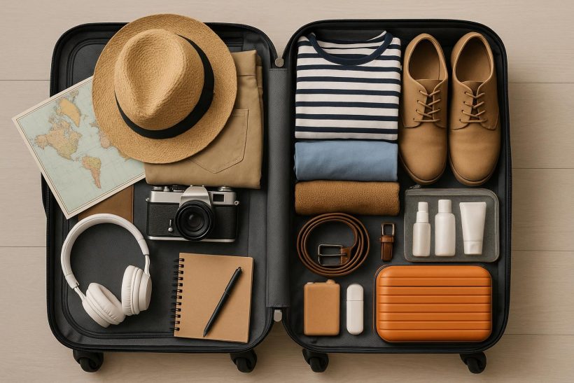 Suitcase neatly packed with clothes, travel essentials, and accessories for a long trip