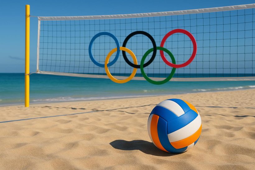 Olympic beach volleyball court with net and stadium seating under a clear blue sky