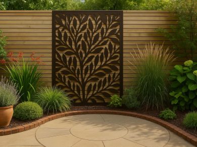 Decorative garden screening panels enhancing a modern outdoor patio with lush green plants