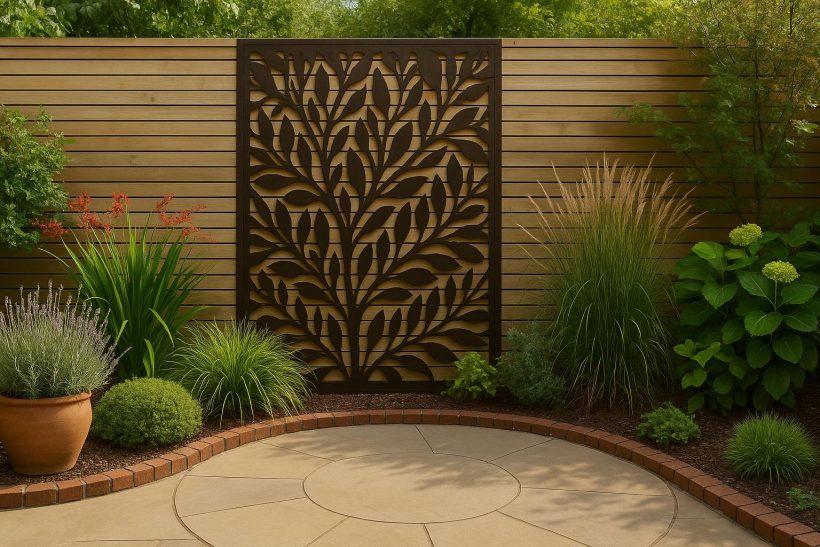 Decorative garden screening panels enhancing a modern outdoor patio with lush green plants