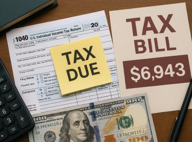 Overwhelmed taxpayer reviewing unexpectedly high tax bill paperwork at home desk