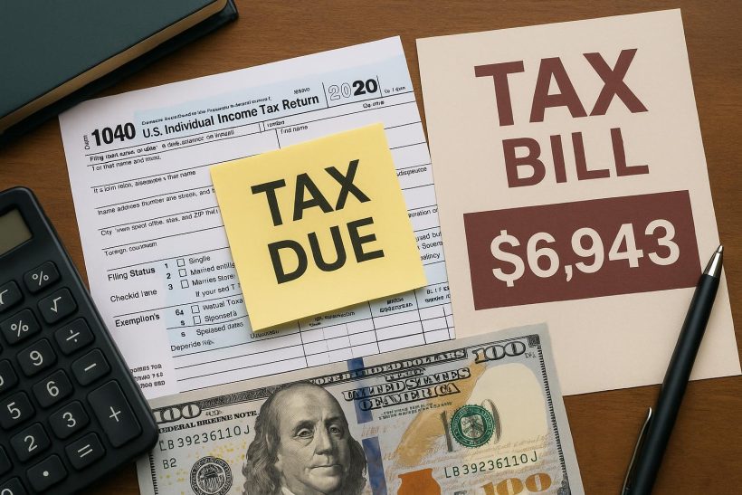 Overwhelmed taxpayer reviewing unexpectedly high tax bill paperwork at home desk