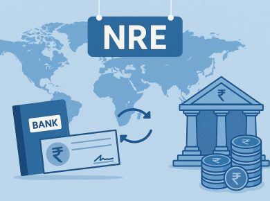 Indian NRE account concept with currency notes, bank documents, and globe symbolizing NRI banking