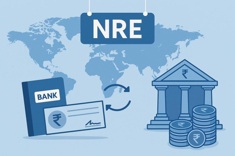 Indian NRE account concept with currency notes, bank documents, and globe symbolizing NRI banking