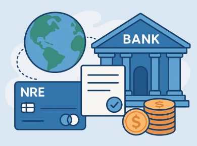 Online banking dashboard with global map and currency symbols illustrating NRE bank account features