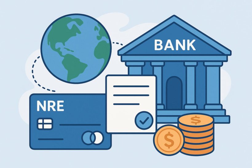 Online banking dashboard with global map and currency symbols illustrating NRE bank account features