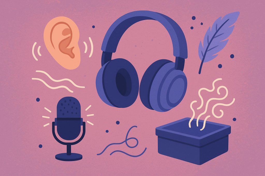 Microphone and headphones set up for creating ASMR audio content with calming background elements
