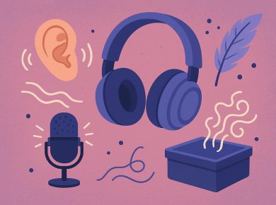 Microphone and headphones set up for creating ASMR audio content with calming background elements
