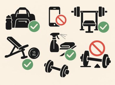 Clean gym with organized equipment, emphasizing proper gym etiquette and tidiness