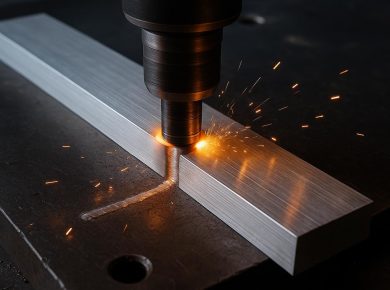 Close-up of friction stir welding process joining metal pieces with specialized rotating tool