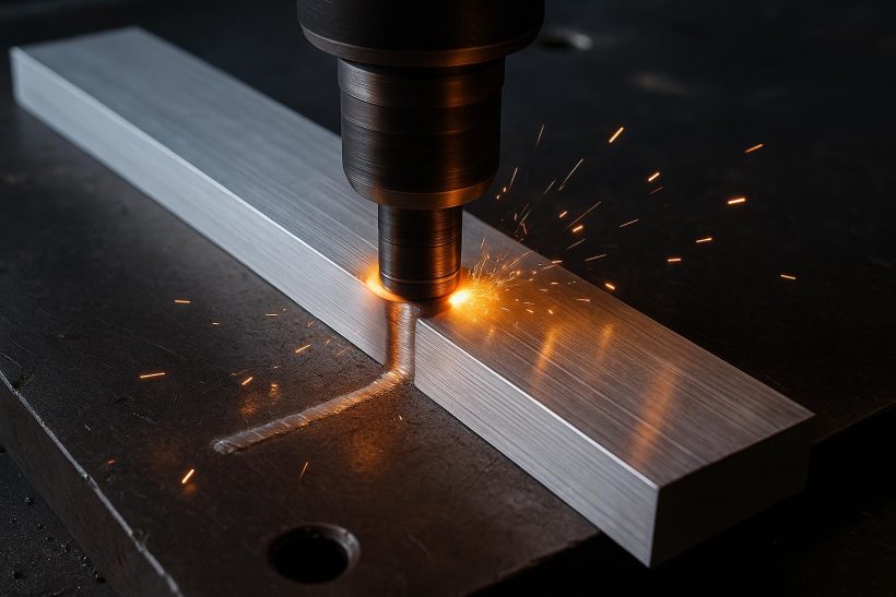 Close-up of friction stir welding process joining metal pieces with specialized rotating tool