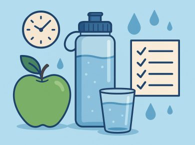 Glass of water with lemon and reusable water bottle on a table, promoting daily hydration tips