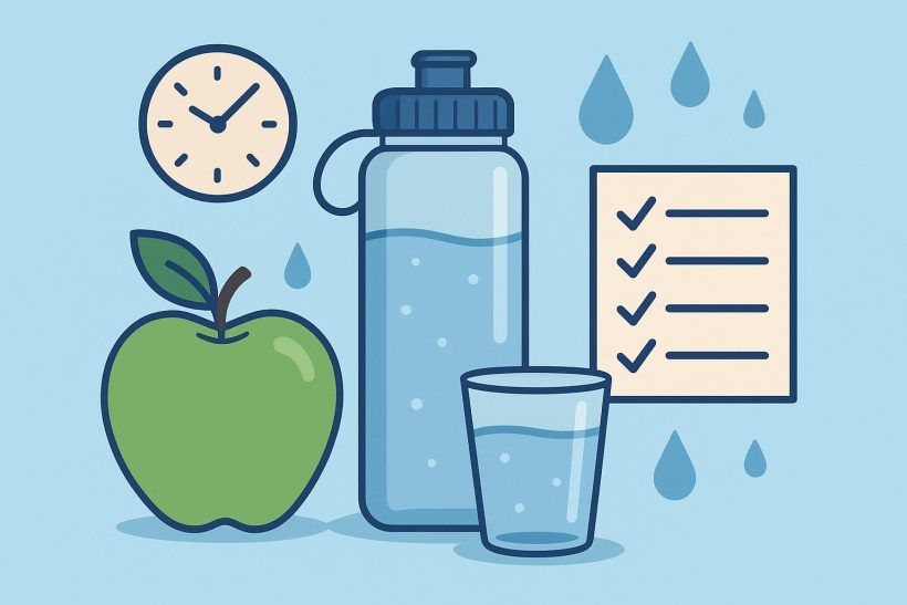 Glass of water with lemon and reusable water bottle on a table, promoting daily hydration tips