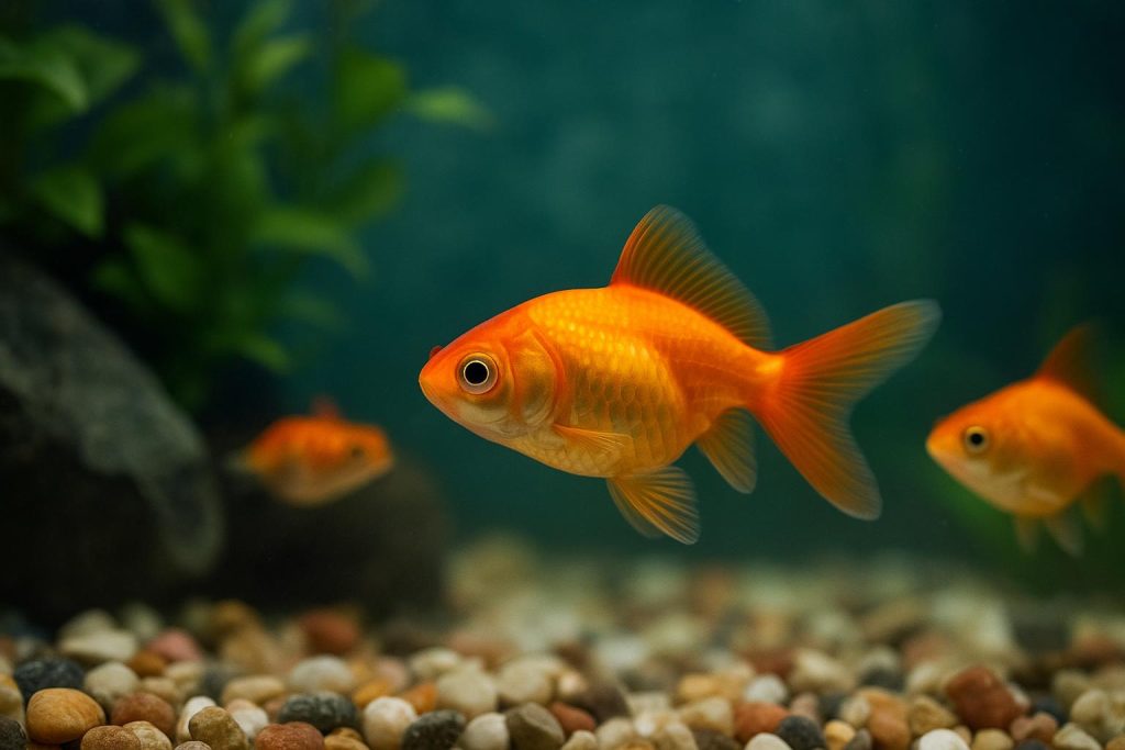 Small goldfish swimming in a tank with plants, highlighting slow goldfish growth factors