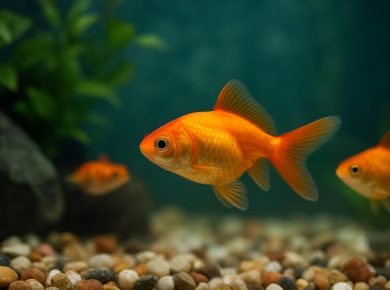 Small goldfish swimming in a tank with plants, highlighting slow goldfish growth factors