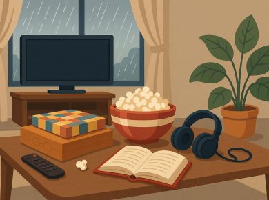 Board games and movies set up in a cozy living room for indoor entertainment on rainy days