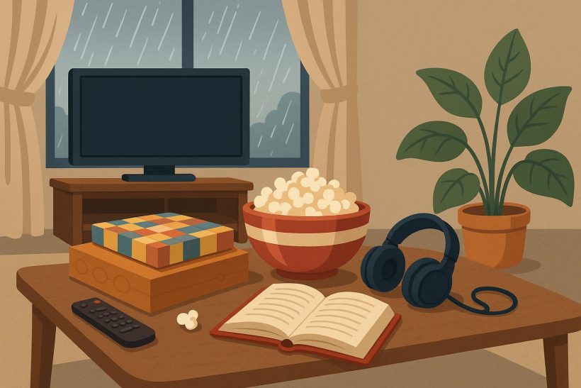 Board games and movies set up in a cozy living room for indoor entertainment on rainy days