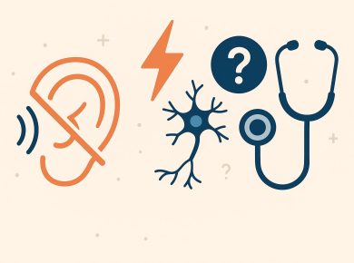 Audiogram chart and hearing aid illustrating causes and symptoms of hearing loss