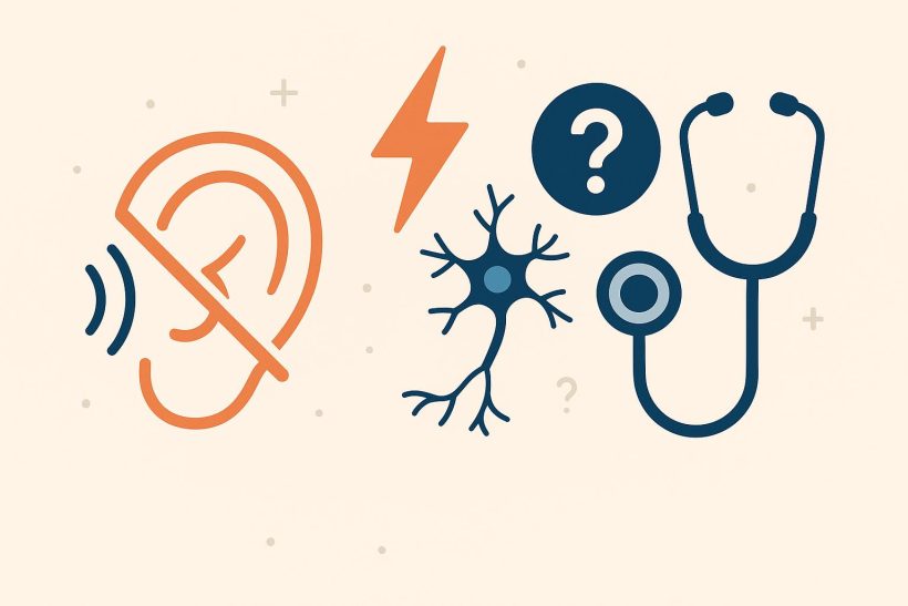 Audiogram chart and hearing aid illustrating causes and symptoms of hearing loss