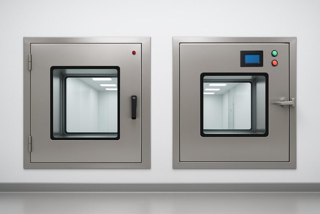 Static and dynamic pass boxes used for GMP material transfer in controlled manufacturing environments