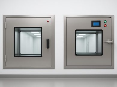Static and dynamic pass boxes used for GMP material transfer in controlled manufacturing environments