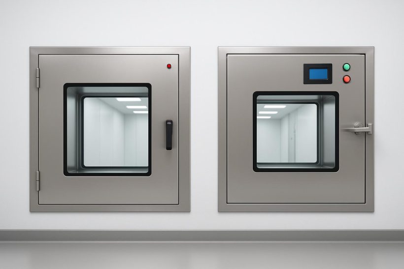 Static and dynamic pass boxes used for GMP material transfer in controlled manufacturing environments