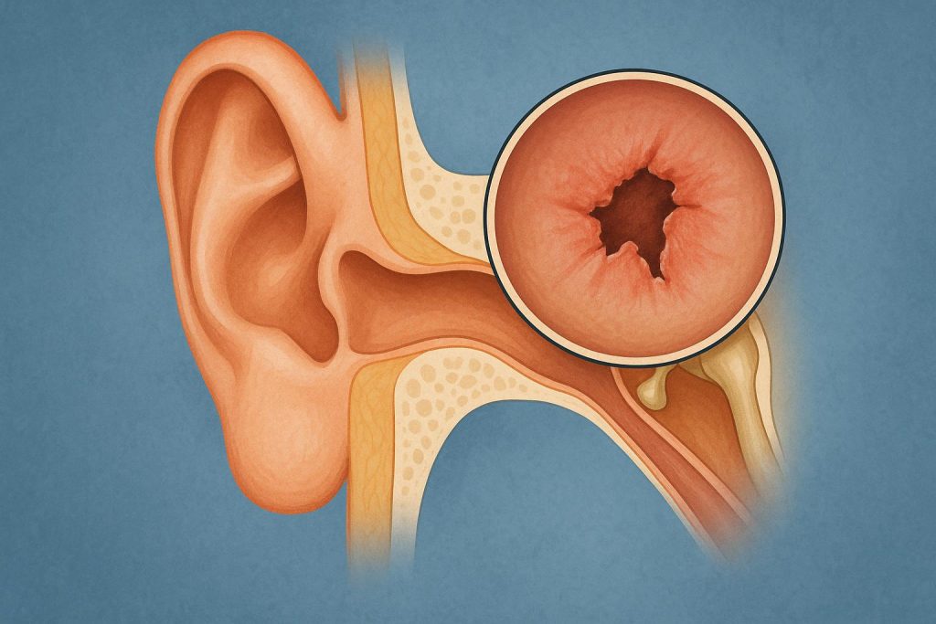 Doctor examining patient’s ear for eardrum issues and hearing loss, discussing ear surgery options