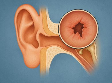 Doctor examining patient’s ear for eardrum issues and hearing loss, discussing ear surgery options